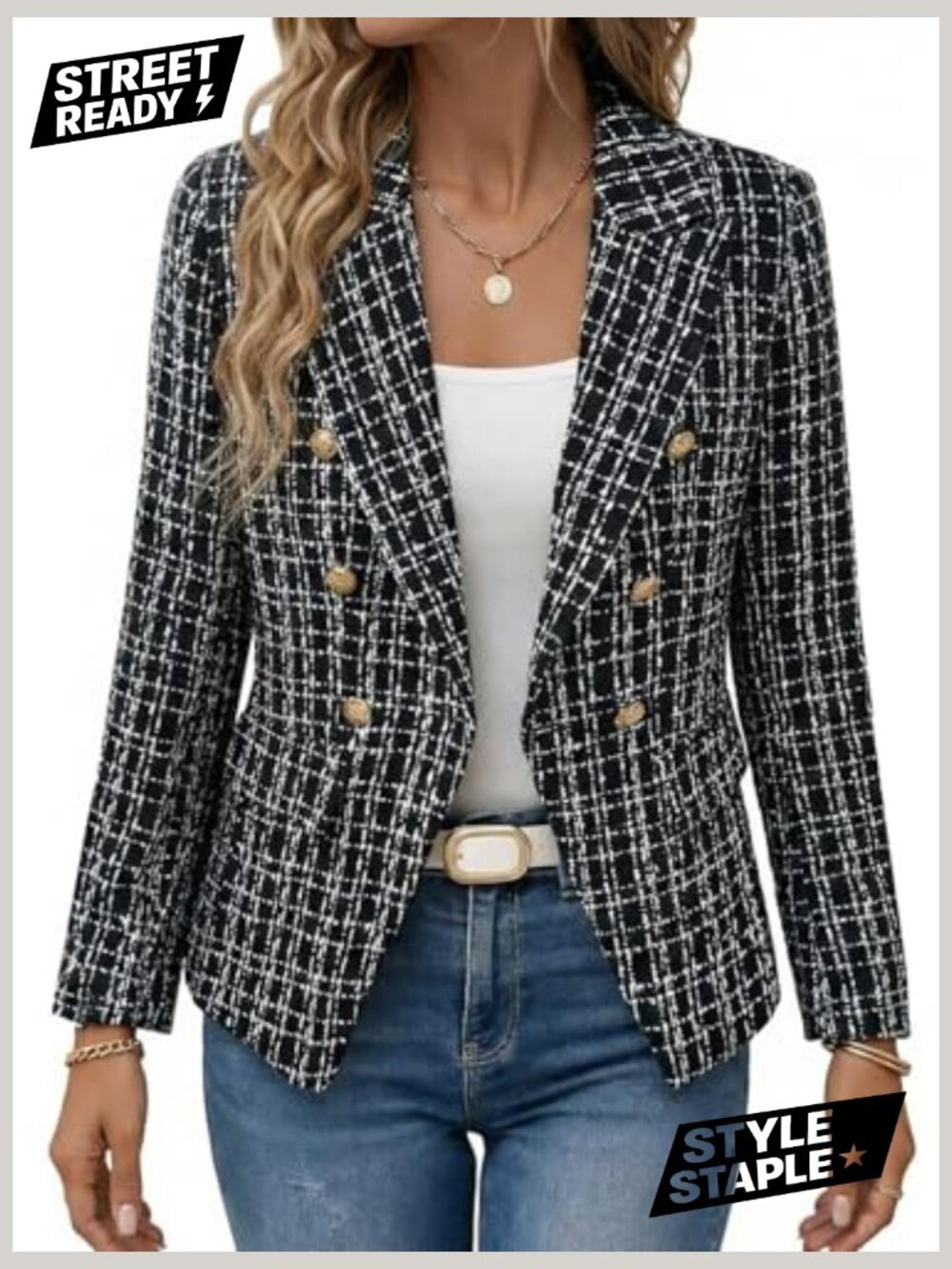 Double-Breasted Tweed Plaid Blazer Jacket for Women - Fully Lined Slim Fit - Picture 5 of 7